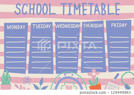 School timetable, weekly classes schedule. Vector school timetable with colorful education supplies. School timetable, weekly classes schedule. Vector school timetable with colorful education supplies. 129449963