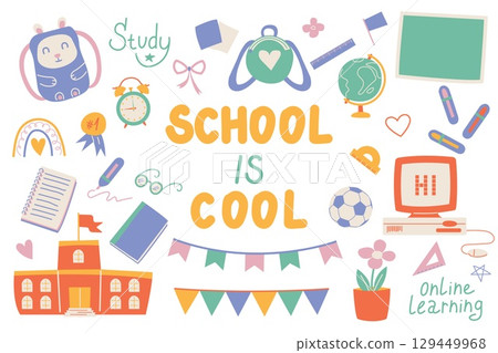 Back to School illustration. Set school supplies. School colorful element, stationery in doodle shabby style. Vector flat illustration. Back to School illustration. Set school supplies. School colorful element, stationery in doodle shabby style. Vector flat illustration. 129449968