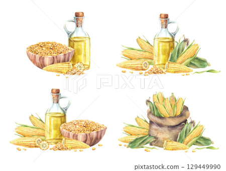 Corn oil glass bottle, canvas bag with corncobs and bowl with maize kernels far harvest set. Watercolor Fresh sweet corn crop. Hand drawn food illustration for farm label on isolated white background 129449990