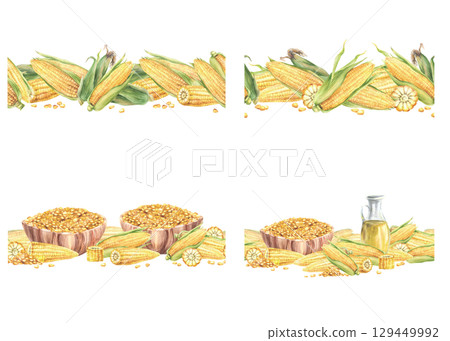 Corn oil carafe, corncobs and bowl with maize kernels seamless border set. Watercolor Fresh sweet corn harvest. Hand drawn illustration for eco farm food product label design isolated from background 129449992
