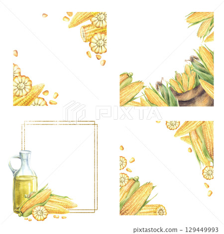 Corn frame set. Watercolor plant oil glass bottle, canvas bag with corncobs, maize corn harvest. Fresh sweet vegetables farm crop. Hand drawn nature food illustration for label on isolated background 129449993