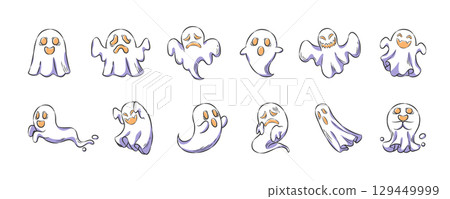 Halloween ghost or spirit . Hand drawn icon cartoon illustration collection . Vector . 129449999