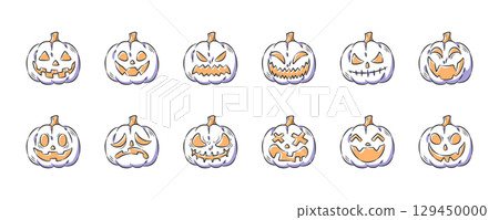 Halloween pumpkins or jack-o'-lanterns . Hand drawn icon cartoon illustration collection . Vector . Halloween pumpkins or jack-o'-lanterns . Hand drawn icon cartoon illustration collection . Vector . 129450000