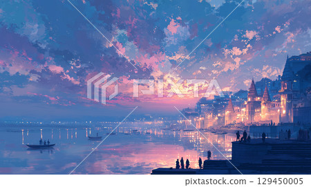 恆河日落：瓦拉納西河壇和寺廟的輪廓 129450005