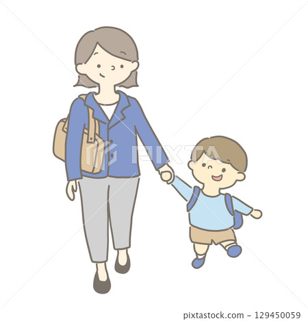 A boy walking hand in hand with his mother 129450059