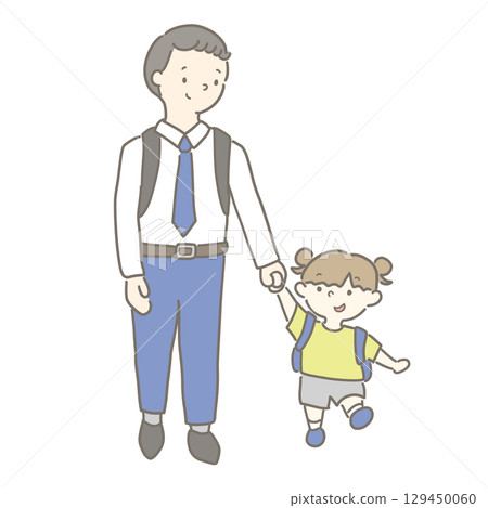 女孩與父親手牽手散步 129450060