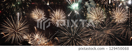 Banner Golden Firework celebrate anniversary independence day night time celebrate national holiday. Countdown 2024 party time event. Happy new year 2025 4th of july holiday festival with copy space 129450088