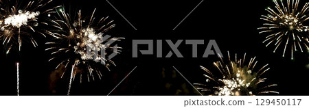 Banner Golden Firework celebrate anniversary happy new year 2024, 4th of july holiday festival. colorful gold firework celebrate national holiday. Banner new year 2025 party time with copy space 129450117