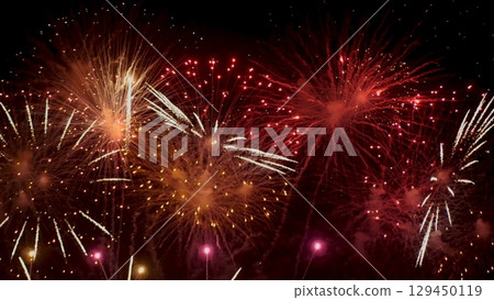 Red Firework celebrate anniversary happy new year 2024, 4th of july holiday festival. red firework in night time celebrate national holiday. Countdown to new year 2025 festival party time event 129450119