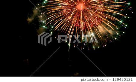 Golden Firework celebrate anniversary independence day night time celebrate national holiday. Countdown to new year 2024 party time event. Happy new year 2025, 4th of july holiday festival concept 129450121