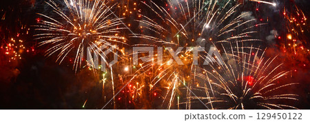Banner Red Firework celebrate anniversary happy new year 2024 4th of july holiday festival. Banner red firework night time celebrate national holiday. Countdown new year 2025 festival with copy space 129450122