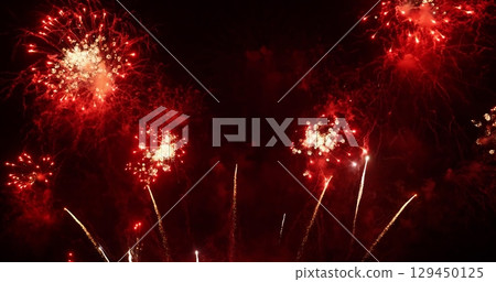 Red Firework celebrate anniversary happy new year 2024, 4th of july holiday festival. red firework in night time celebrate national holiday. Countdown to new year 2024 festival party time event 129450125
