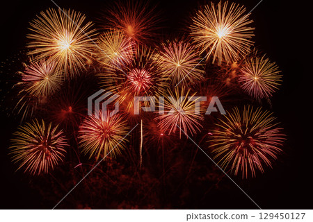 Red Firework celebrate anniversary happy new year 2024, 4th of july holiday festival. red firework in night time celebrate national holiday. Countdown to new year 2025 festival party time event 129450127