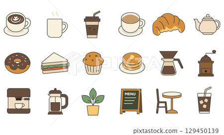 咖啡廳飲料、食物和室內圖標集 129450139