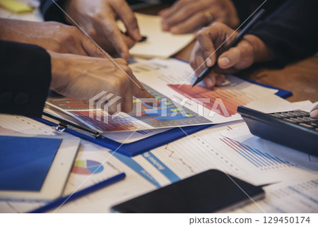 Diverse company collaboration meeting brainstorming business workplace. Asian Company Meeting brainstorming with Collaborate teamwork. Diversity Business people Working Together in company workplace. 129450174