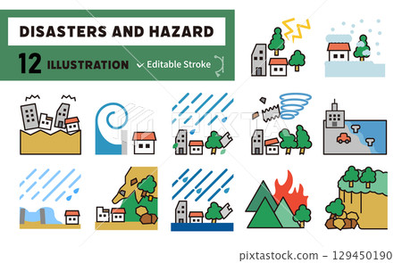 Natural disasters, hazard maps, and extreme weather icon set 129450190