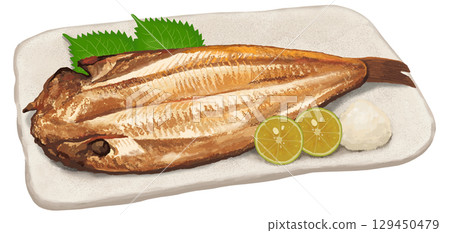 Illustration of grilled fish, Atka mackerel fillet 129450479