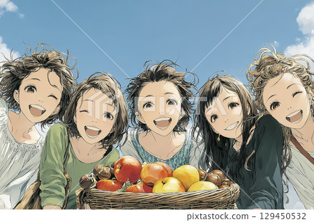 Women enjoying autumn fruits at a picnic 129450532