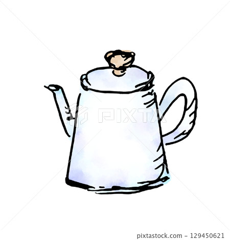 Hand-drawn illustration of a white enamel kettle 129450621