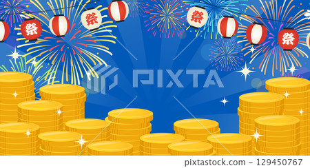 夏季節日煙火和堆疊硬幣背景_向量插圖 129450767
