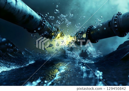 digital illustration the sabotage of underwater gas pipelines 129450842