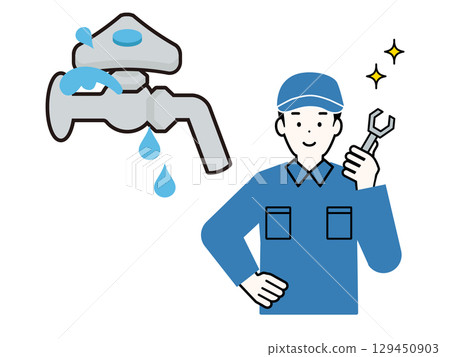 圖解：一名水管工正在修理漏水的水龍頭。圖解：一名身穿工作服的男子正在進行管道工作。 129450903
