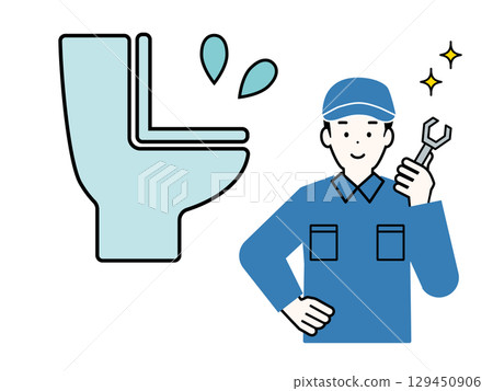 Illustration of a plumber repairing a leaking toilet. Illustration of a man in work clothes doing plumbing work. 129450906
