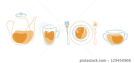 Doodle style tableware set. Teapot and mug, plate with spoon and fork, soup tureen, in linear style, abstract spot designs, warm orange and yellow colors. 129450908