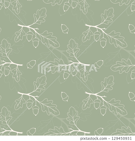 Pattern with contours of acorn branches on green pastel background, oak nuts. Autumn Vibe. Pattern with contours of acorn branches on green pastel background, oak nuts. Autumn Vibe. 129450931
