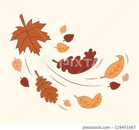 Autumn Leaves Blowing in the Wind Illustration. Colorful Fall Foliage Flying and Swirling Motion. Seasonal Nature Concept with Maple, Oak, and Other Leaves for Decoration, Design, and Backgrounds 129451067