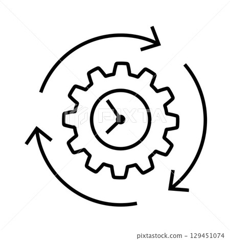 Clock inside gear with circular arrows. Editable stroke. Time management icon. Workflow optimization symbol. Linear outline illustration for automation, productivity, and process control concepts. 129451074