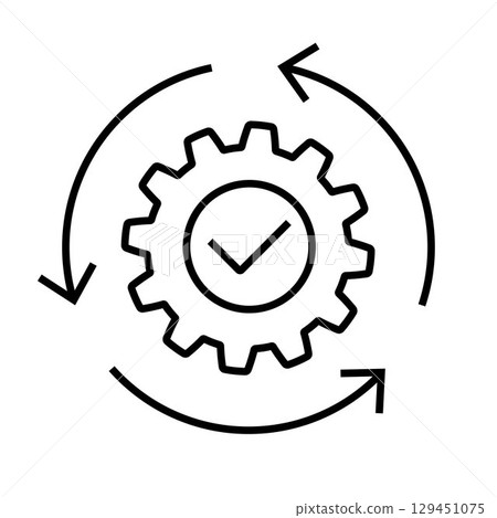 Process Optimization Icon with Gear and Arrows. Production system. Efficiency, Automation, Workflow Improvement, Quality Assurance, Productivity Symbol. Black Line Style Isolated 129451075