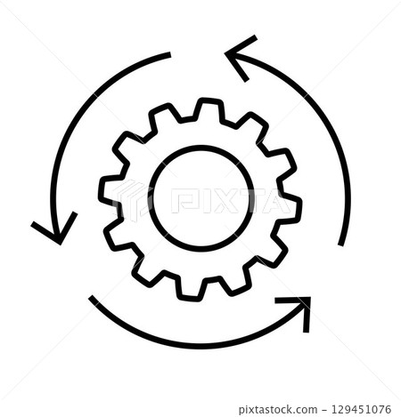Gear with Circular Arrows Vector Icon. Rotation Settings Symbol. Process Automation Sign. Workflow organization icon. Black Line Style Illustration for Web, App, UI, UX, and Engineering Projects 129451076