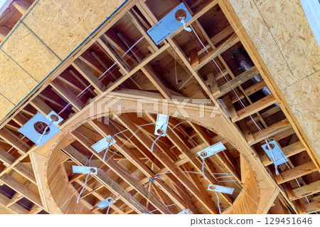 Close up of wooden ceiling structure highlights electrical wiring intricate design details. Close up of wooden ceiling structure highlights electrical wiring intricate design details. 129451646