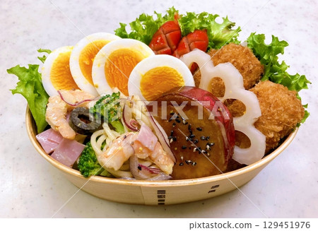 A traditional Korean dosirak, beautifully arranged with rice, assorted banchan, and savory proteins. Balanced and visually inviting, its a portable meal packed with vibrant flavors. A traditional Korean dosirak, beautifully arranged with rice, assorted banchan, and savory proteins. Balanced and visually inviting, its a portable meal packed with vibrant flavors. 129451976