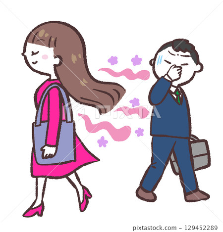 一名男子回頭看著一名帶有強烈氣味的婦女的插圖 129452289