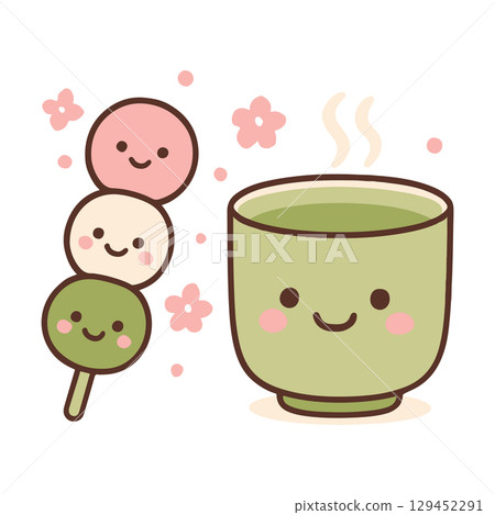Cute Dango and Green Tea Spring Scene Cute Dango and Green Tea Spring Scene 129452291