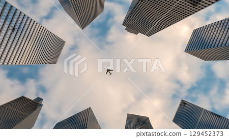 Air transportation concept. Perspective view skyscraper and airplane. Business and travel concept. 3d rendering 129452373