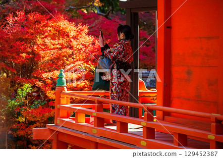 woman in red Kimono view fall colors at Bishamondo balcony, Kyoto woman in red Kimono view fall colors at Bishamondo balcony, Kyoto 129452387