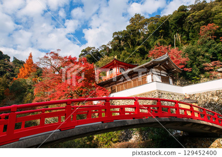 Red bridge of Ryuanji Kyakuden temple with fall colors, Minoh park Red bridge of Ryuanji Kyakuden temple with fall colors, Minoh park 129452400