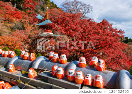 Katsuoji pagoda with fall colors and blur daruma on wall, Osaka 129452405