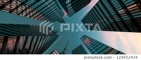 Panoramic and perspective view to steel light blue background of glass high rise building skyscraper city of future. Business concept of industry tech architecture. 3d rendering. 3d illustration 129452434