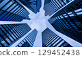 Perspective view to steel light blue of glass high rise building skyscraper city of future and airplane. Business and travel concept of industry tech architecture. 3d rendering. 3d illustration 129452438