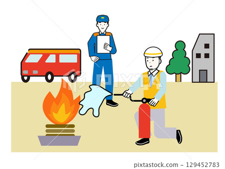 A person practicing using a fire extinguisher during a fire drill, fire drill, evacuation drill, disaster prevention drill, or firefighting drill, and a firefighter watching over them 129452783