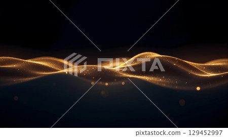 Abstract Golden Waves with Glowing Glittering Particles on a Dark Background. 129452997