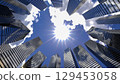 Perspective view to steel light blue of glass high rise building skyscraper city of future and airplane. Business and travel concept of industry tech architecture. 3d rendering. 3d illustration 129453058
