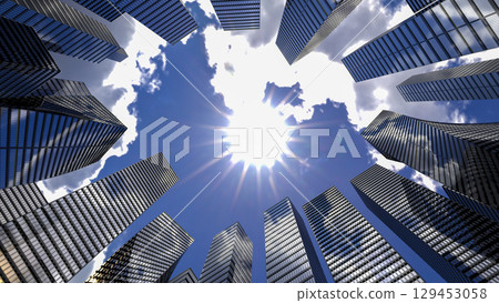 Perspective view to steel light blue of glass high rise building skyscraper city of future and airplane. Business and travel concept of industry tech architecture. 3d rendering. 3d illustration 129453058