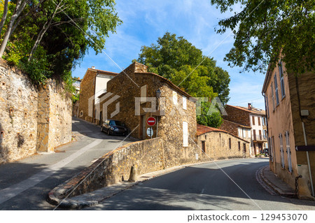 View of narrow streets in small French township of Grimaud View of narrow streets in small French township of Grimaud 129453070