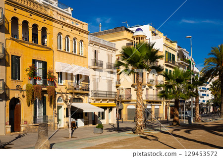 street with residential buildings in Sitges center in Spain street with residential buildings in Sitges center in Spain 129453572
