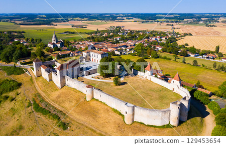 Aerial view of castle Villebois-Lavalette. France 129453654